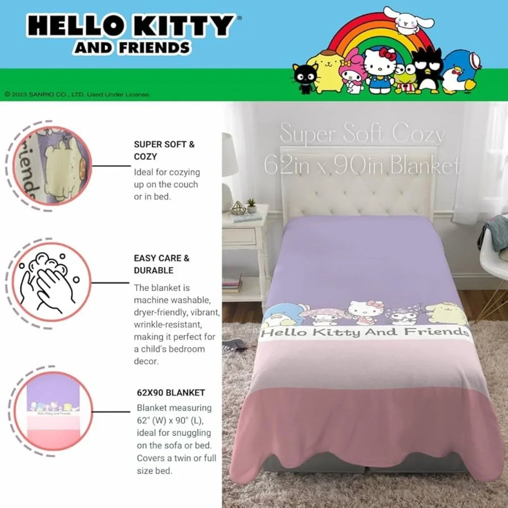 New Hello Kitty & Friends Plush Blanket 62x90 - Picture 2 of 3